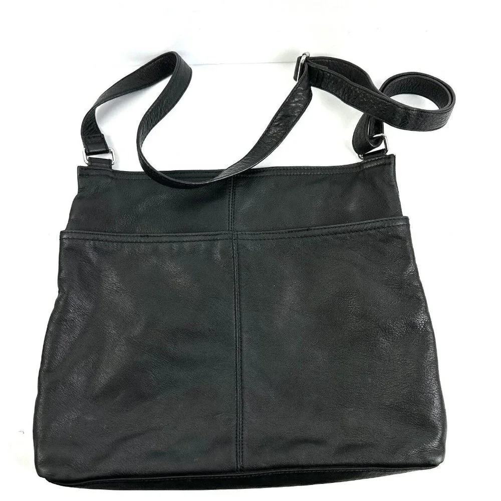 Margot Crossbody Bag Double Zip Black Leather Handbag Silver Accent‎ Purse
